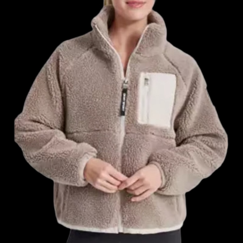 DKNY Sport Mock Neck Sherpa Hybrid Jacket L Teddy Cozy Streetwear Chic Neutral